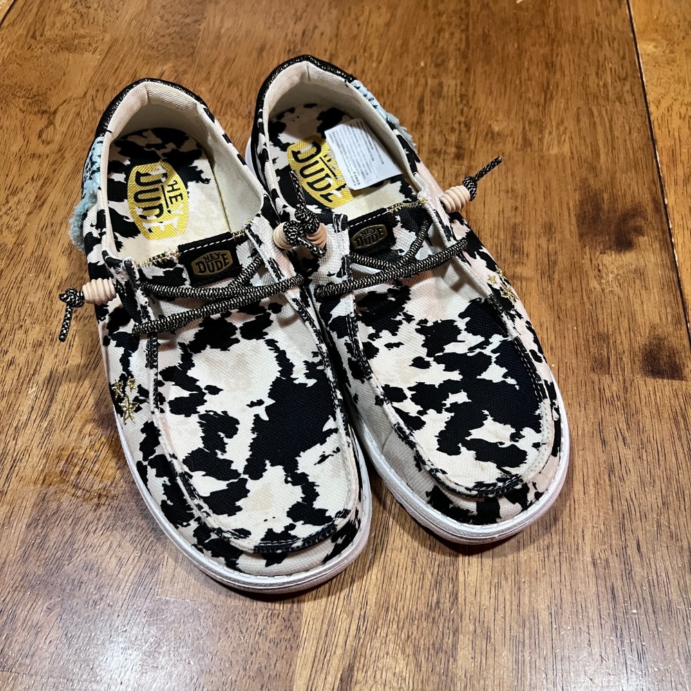 WOMEN'S BLACK WHITE TAN HEY DUDE WENDY DISCO COW PRINT SLIP ON SHOES SIZE 8